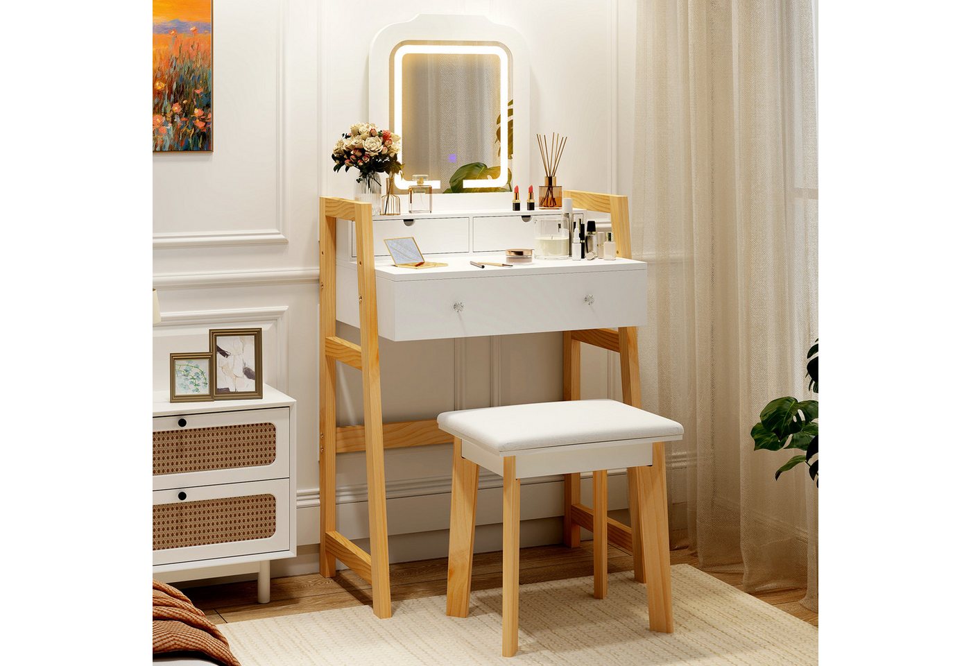 COSTWAY Schminktisch mit Hocker und LED, 3 Schubladen, höhenverstellbar, weiß – Bild 2 von 5
