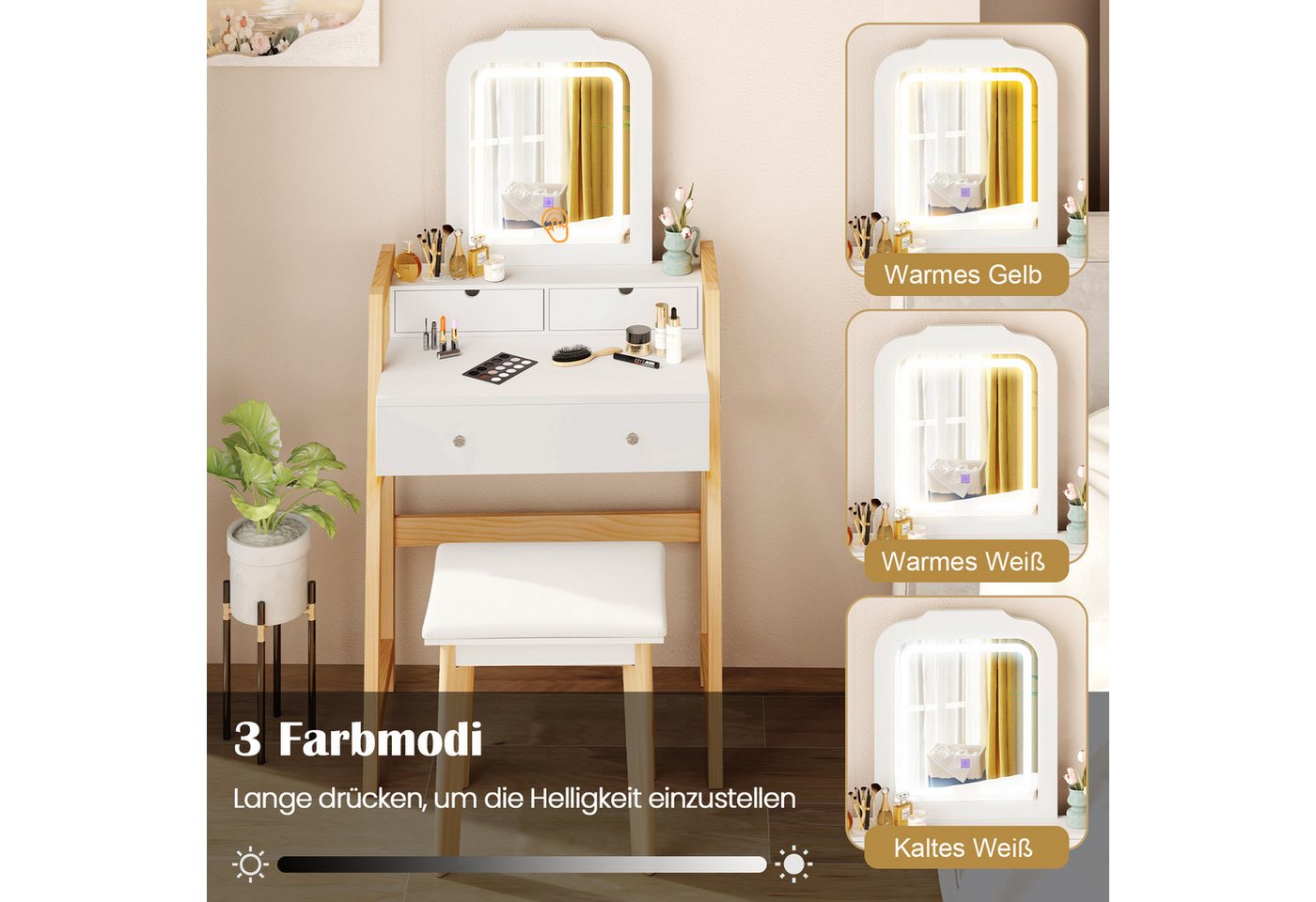 COSTWAY Schminktisch mit Hocker und LED, 3 Schubladen, höhenverstellbar, weiß – Bild 3 von 5