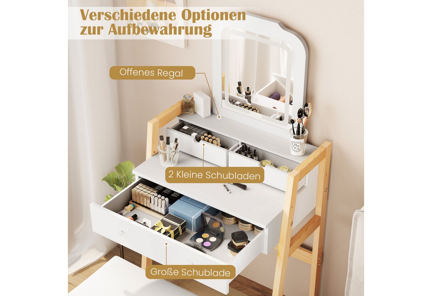 COSTWAY Schminktisch mit Hocker und LED, 3 Schubladen, höhenverstellbar, weiß – Bild 4 von 5