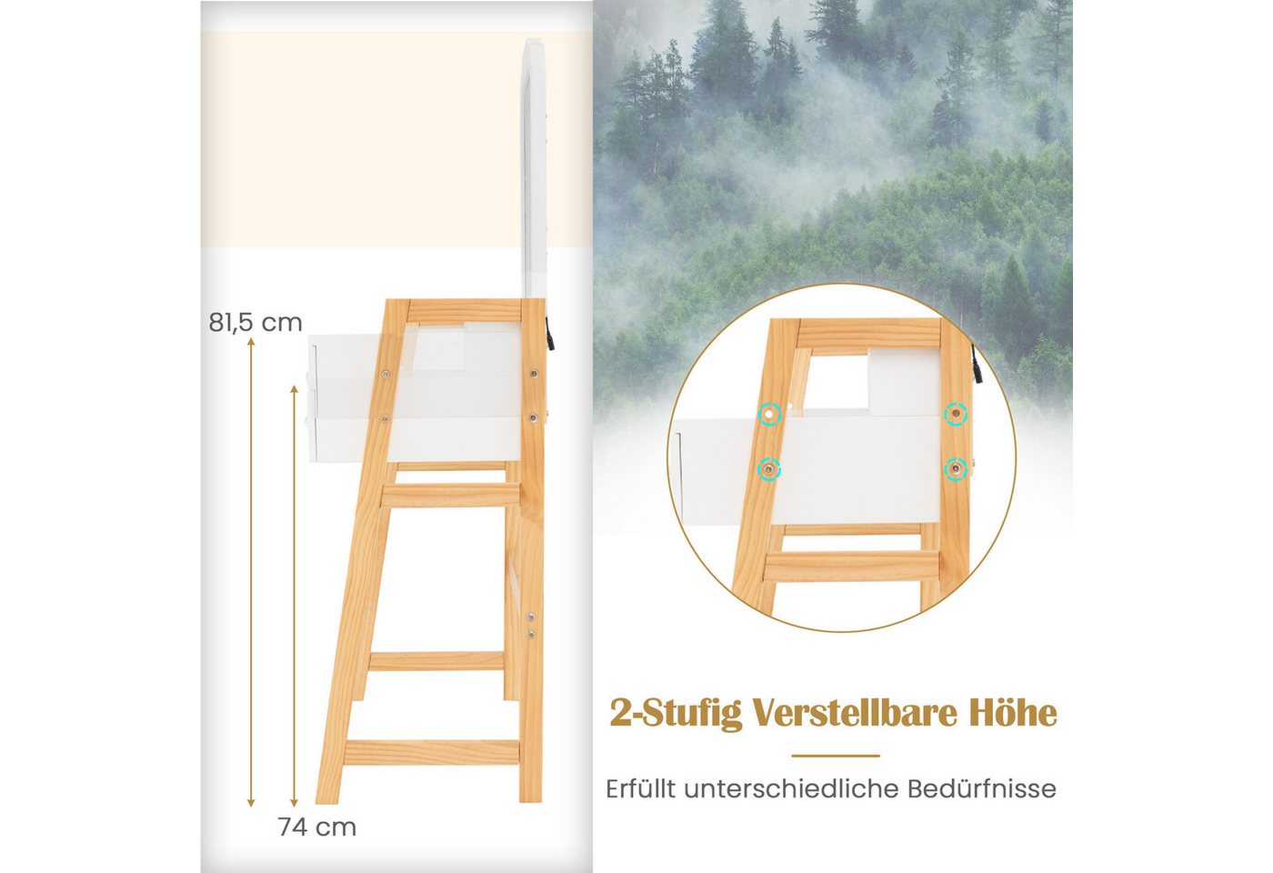 COSTWAY Schminktisch mit Hocker und LED, 3 Schubladen, höhenverstellbar, weiß – Bild 5 von 5