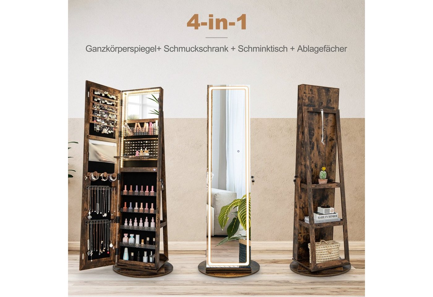 COSTWAY Schmuckschrank mit Spiegel, verstellbaren LED, drehbar, abschließbar – Bild 3 von 5