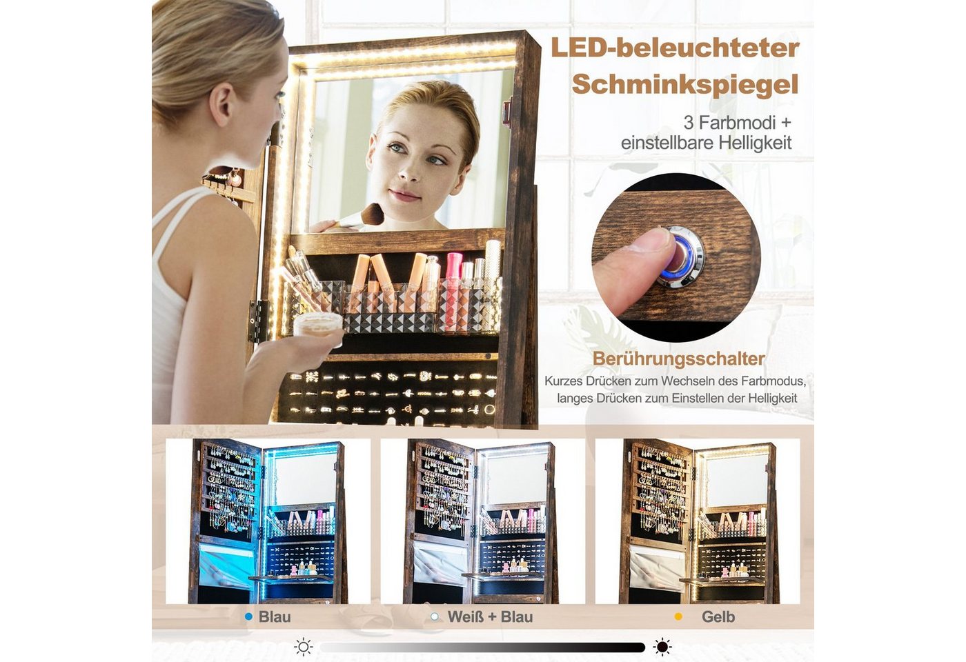 COSTWAY Schmuckschrank mit Spiegel, verstellbaren LED, drehbar, abschließbar – Bild 4 von 5