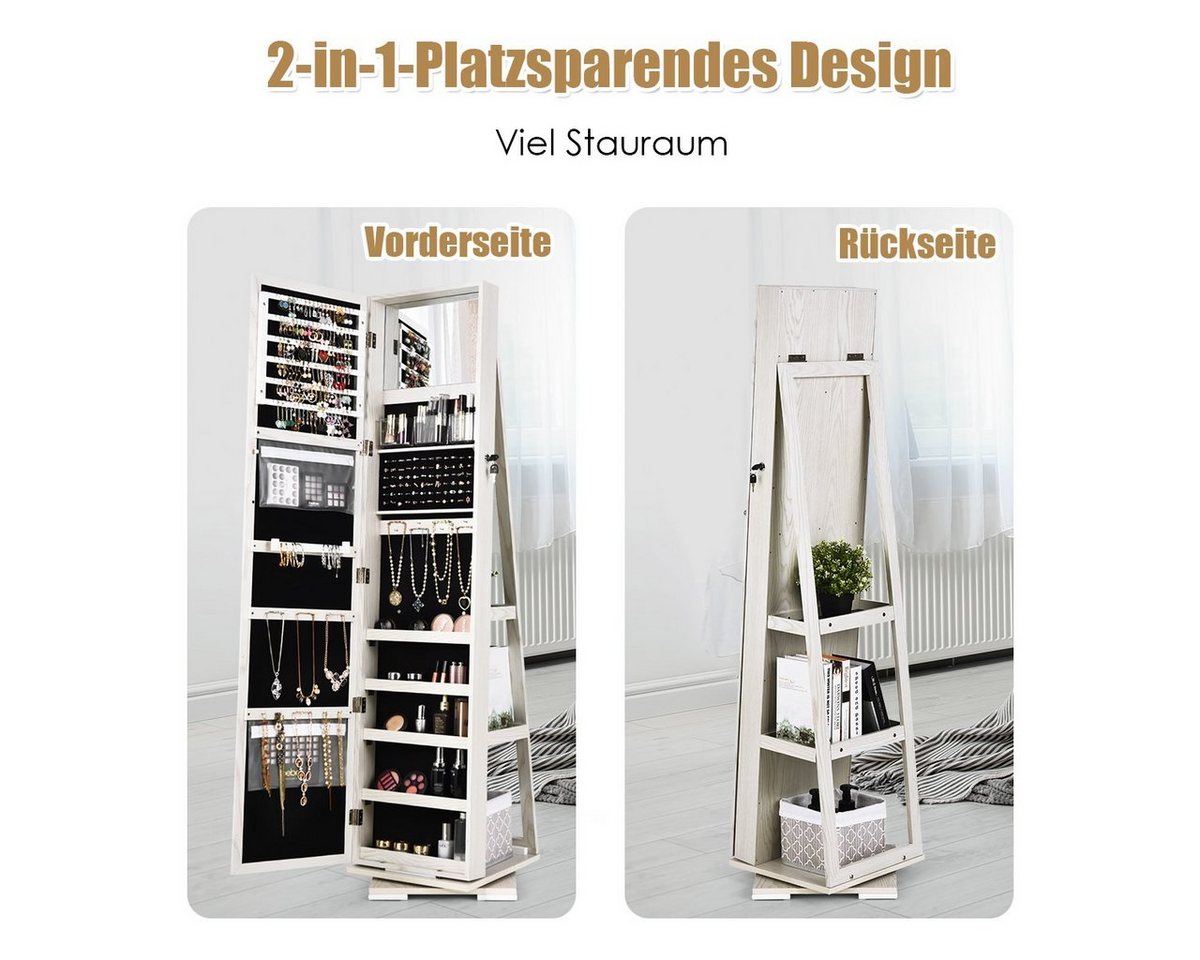 COSTWAY Schmuckschrank stehend, mit Spiegel & Regal, drehbar, abschließbar – Bild 3 von 5