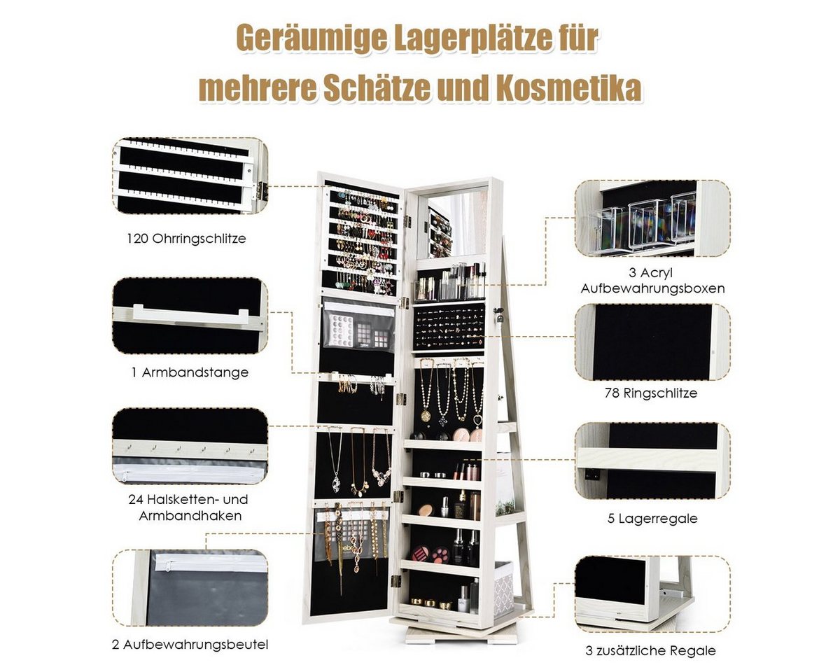 COSTWAY Schmuckschrank stehend, mit Spiegel & Regal, drehbar, abschließbar – Bild 5 von 5