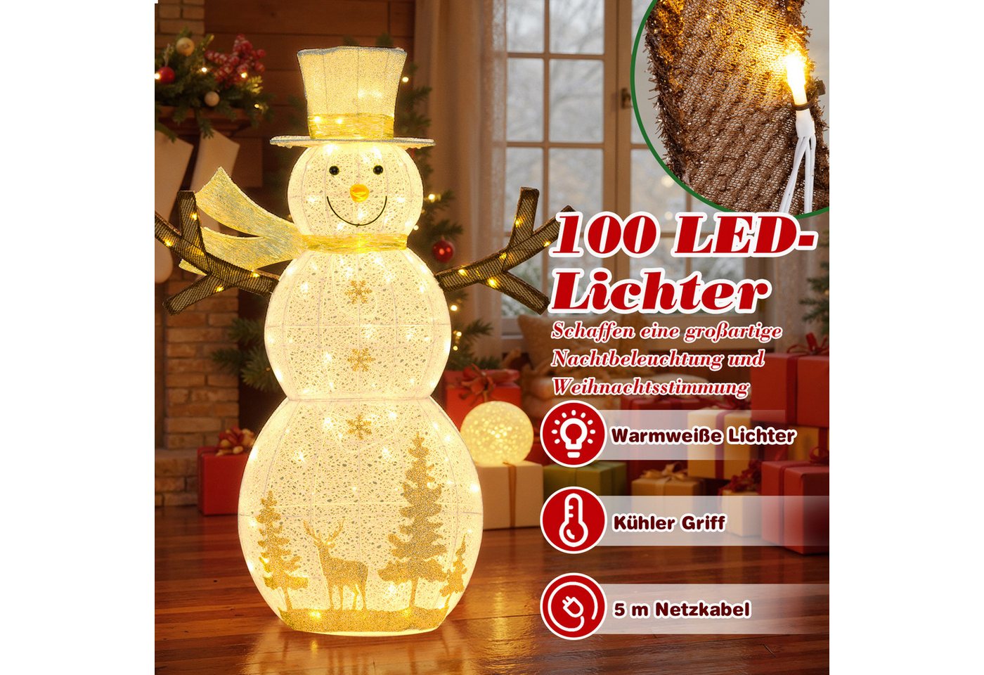 COSTWAY Schneemann (1 St), LED Weihnachtsdeko, Weihnachtsfigur mit Hut & Schal – Bild 2 von 5