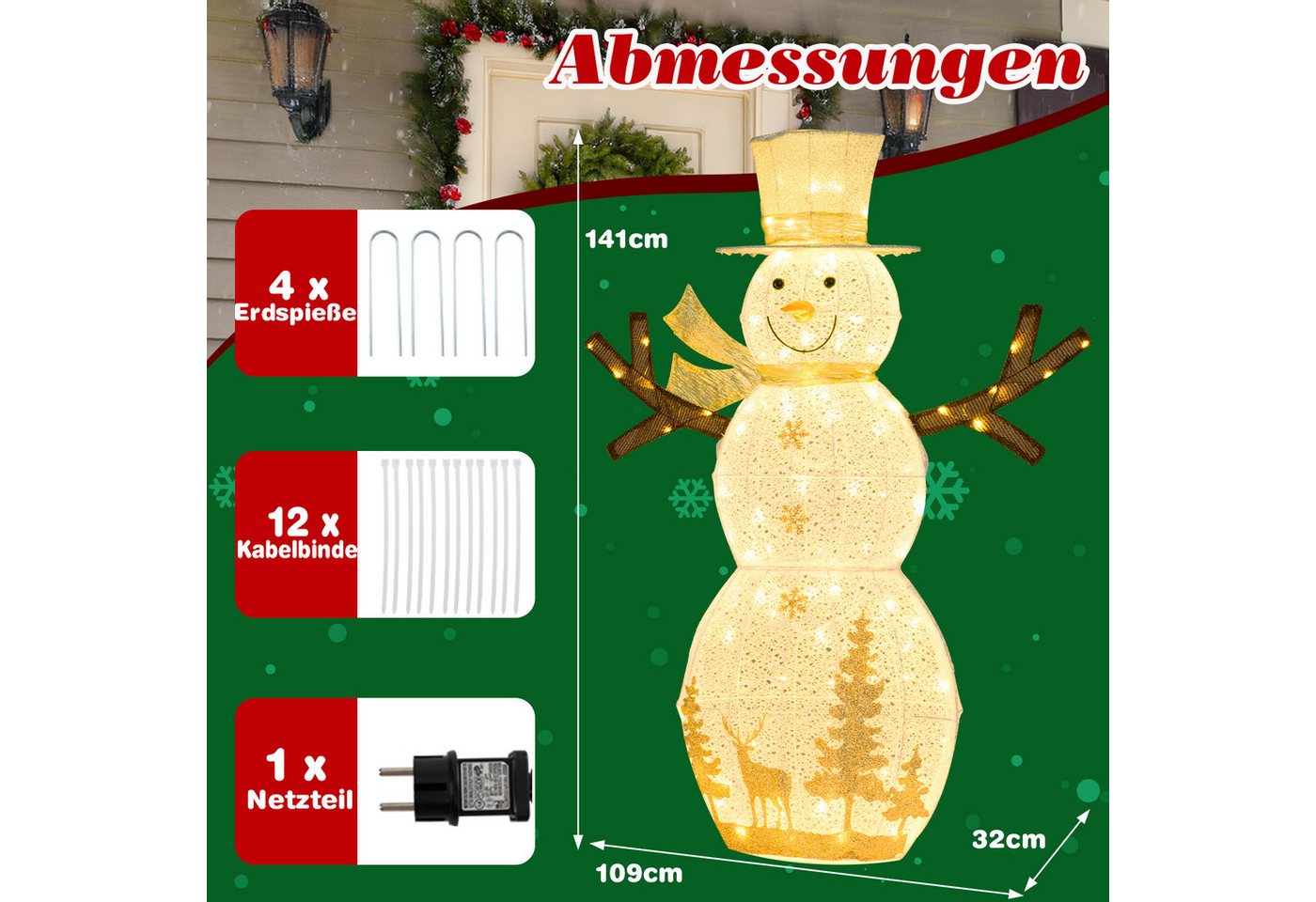 COSTWAY Schneemann (1 St), LED Weihnachtsdeko, Weihnachtsfigur mit Hut & Schal – Bild 4 von 5