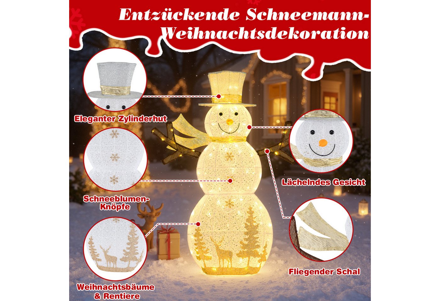 COSTWAY Schneemann (1 St), LED Weihnachtsdeko, Weihnachtsfigur mit Hut & Schal – Bild 5 von 5