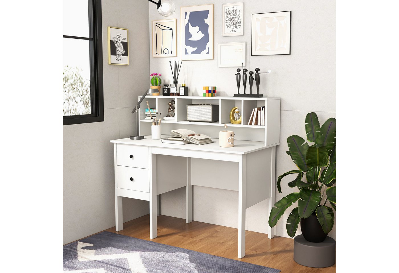 COSTWAY Schreibtisch, mit 2 Schubladen & 5 Fächern, bis 95kg, 120x60x110cm – Bild 2 von 5