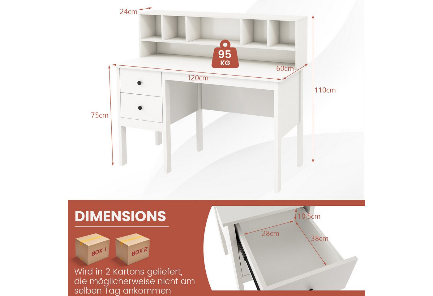 COSTWAY Schreibtisch, mit 2 Schubladen & 5 Fächern, bis 95kg, 120x60x110cm – Bild 3 von 5