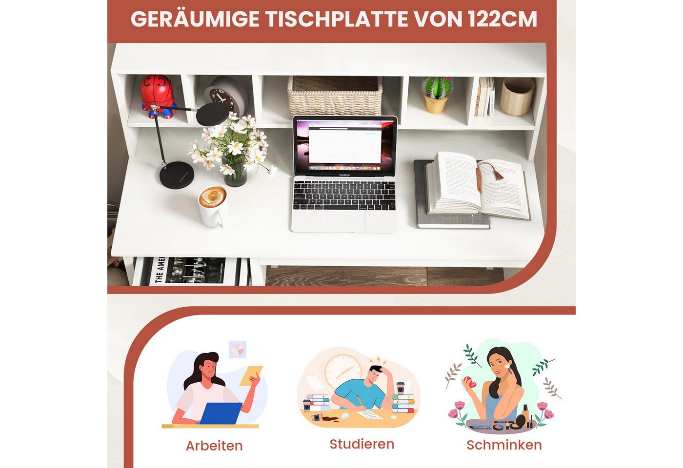 COSTWAY Schreibtisch, mit 2 Schubladen & 5 Fächern, bis 95kg, 120x60x110cm – Bild 4 von 5