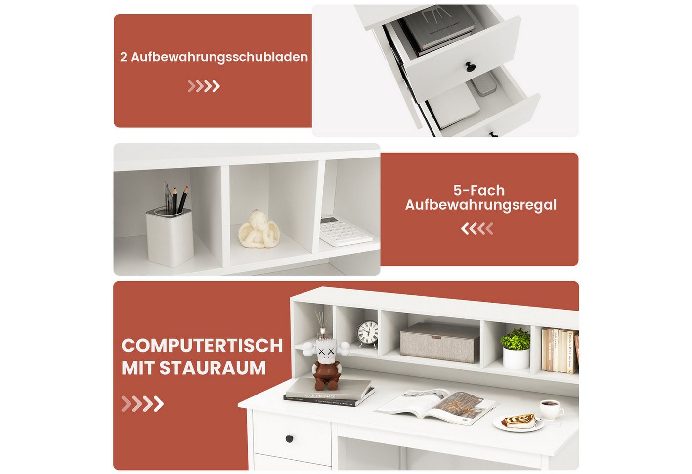 COSTWAY Schreibtisch, mit 2 Schubladen & 5 Fächern, bis 95kg, 120x60x110cm – Bild 5 von 5