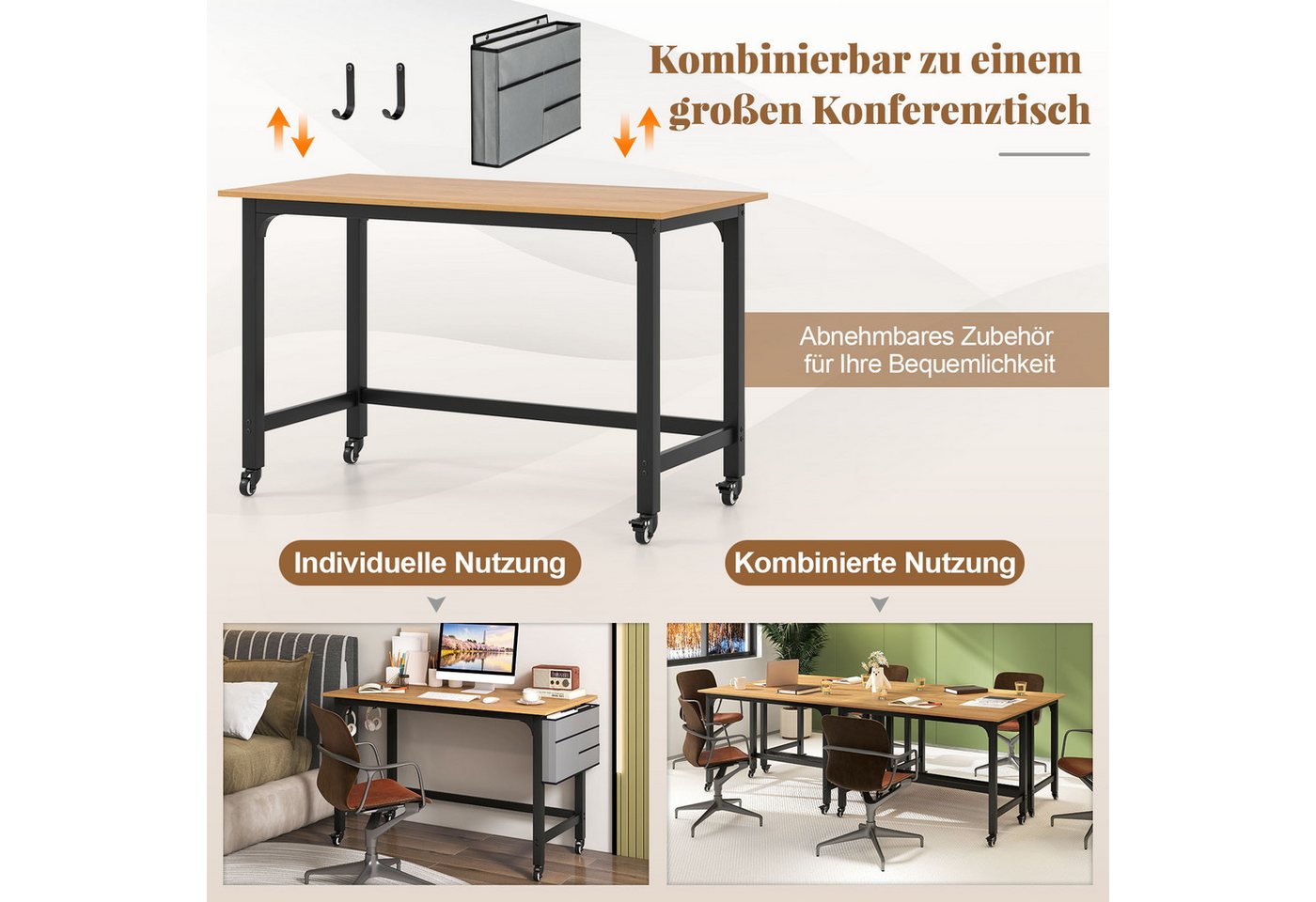 COSTWAY Schreibtisch, mit verdickter 120cm Tischplatte & Rollen, bis 95kg – Bild 3 von 5