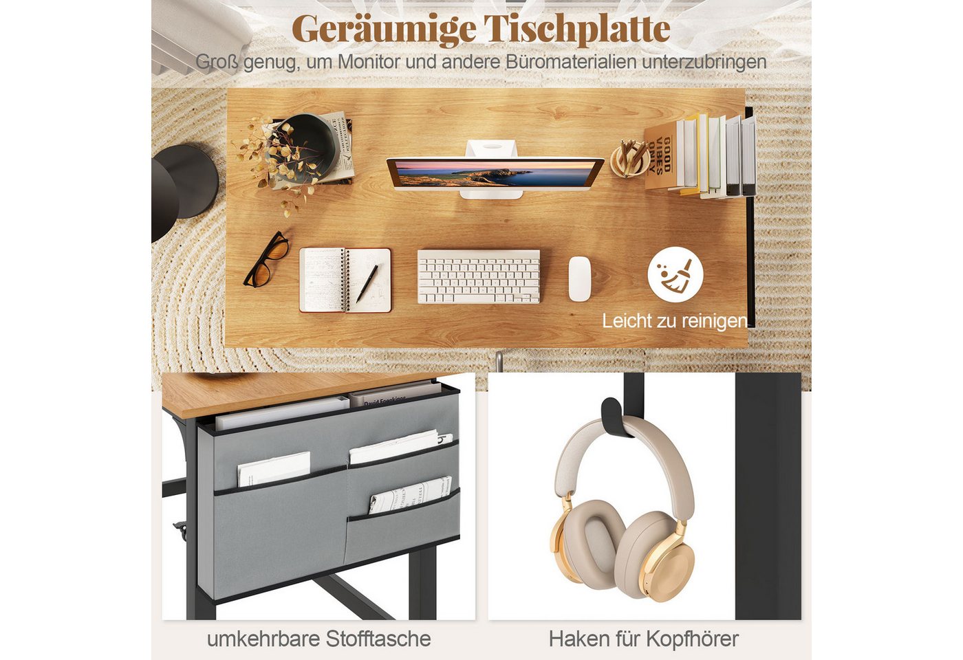 COSTWAY Schreibtisch, mit verdickter 120cm Tischplatte & Rollen, bis 95kg – Bild 4 von 5