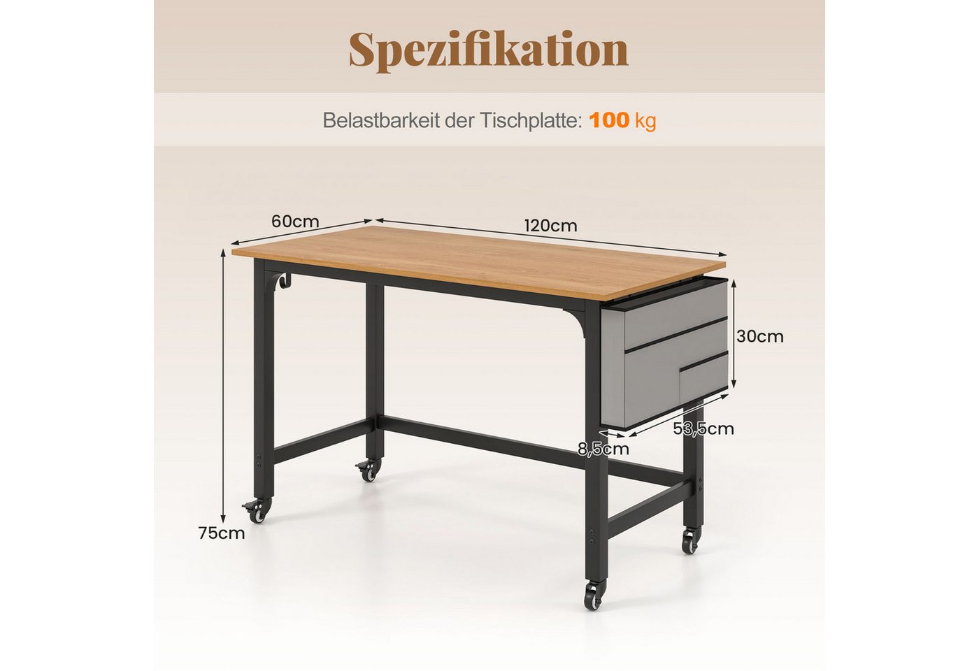 COSTWAY Schreibtisch, mit verdickter 120cm Tischplatte & Rollen, bis 95kg – Bild 5 von 5