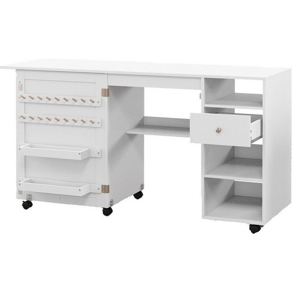 COSTWAY Schreibtisch, 2 in 1 Nähschrank klappbar, mit Ablage, auf Rollen
