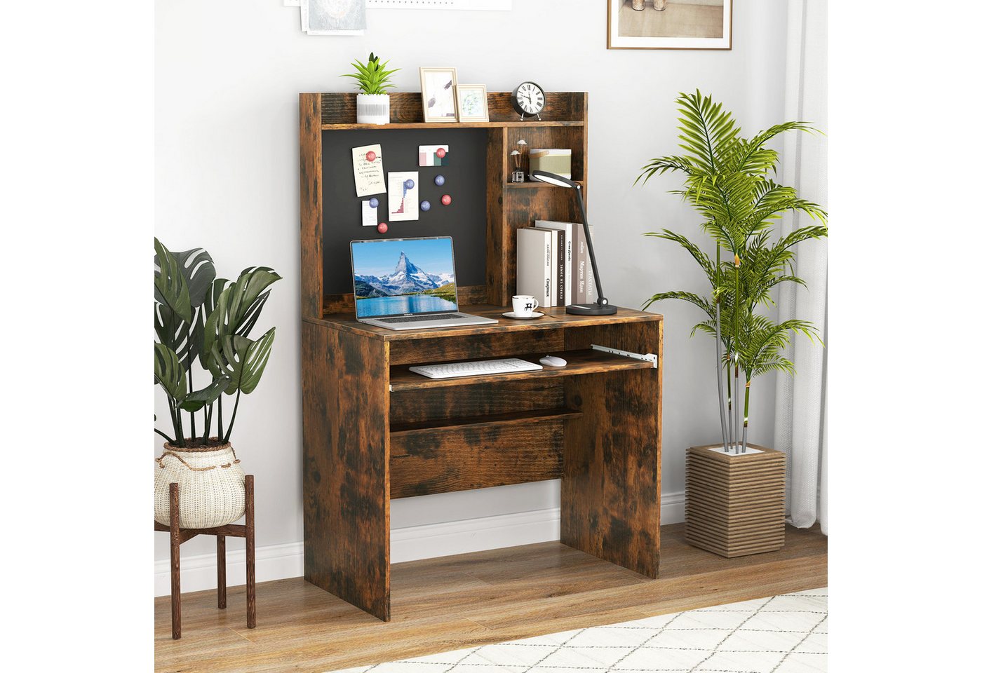 COSTWAY Schreibtisch, mit magnetischer Pinnwand & Aufsatz 89x50x138cm weiß – Bild 2 von 5