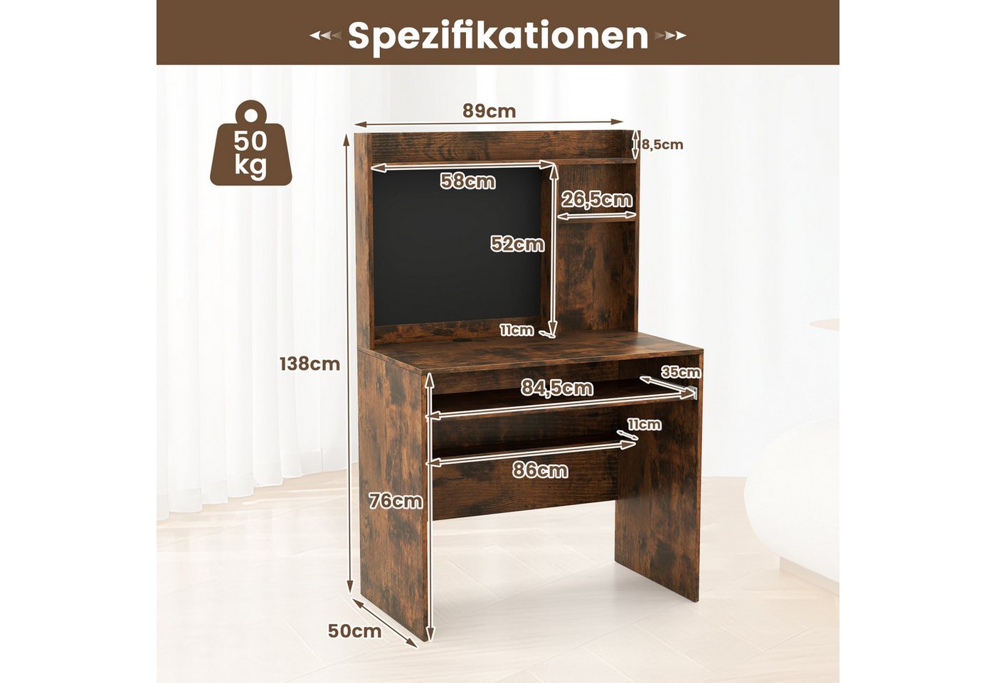 COSTWAY Schreibtisch, mit magnetischer Pinnwand & Aufsatz 89x50x138cm weiß – Bild 3 von 5