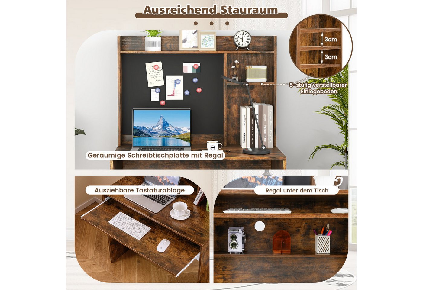 COSTWAY Schreibtisch, mit magnetischer Pinnwand & Aufsatz 89x50x138cm weiß – Bild 4 von 5