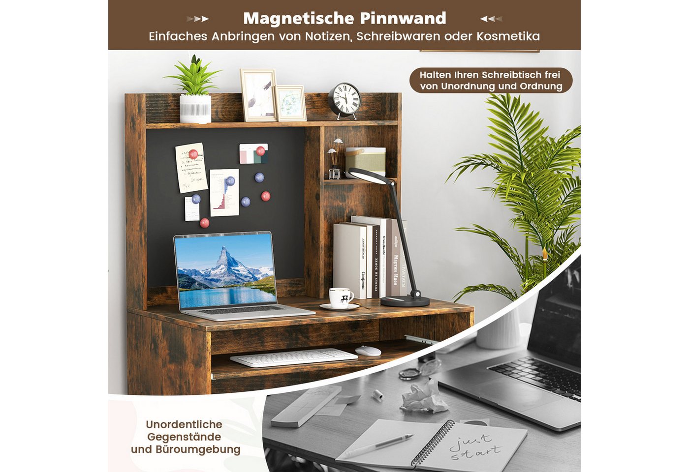 COSTWAY Schreibtisch, mit magnetischer Pinnwand & Aufsatz 89x50x138cm weiß – Bild 5 von 5