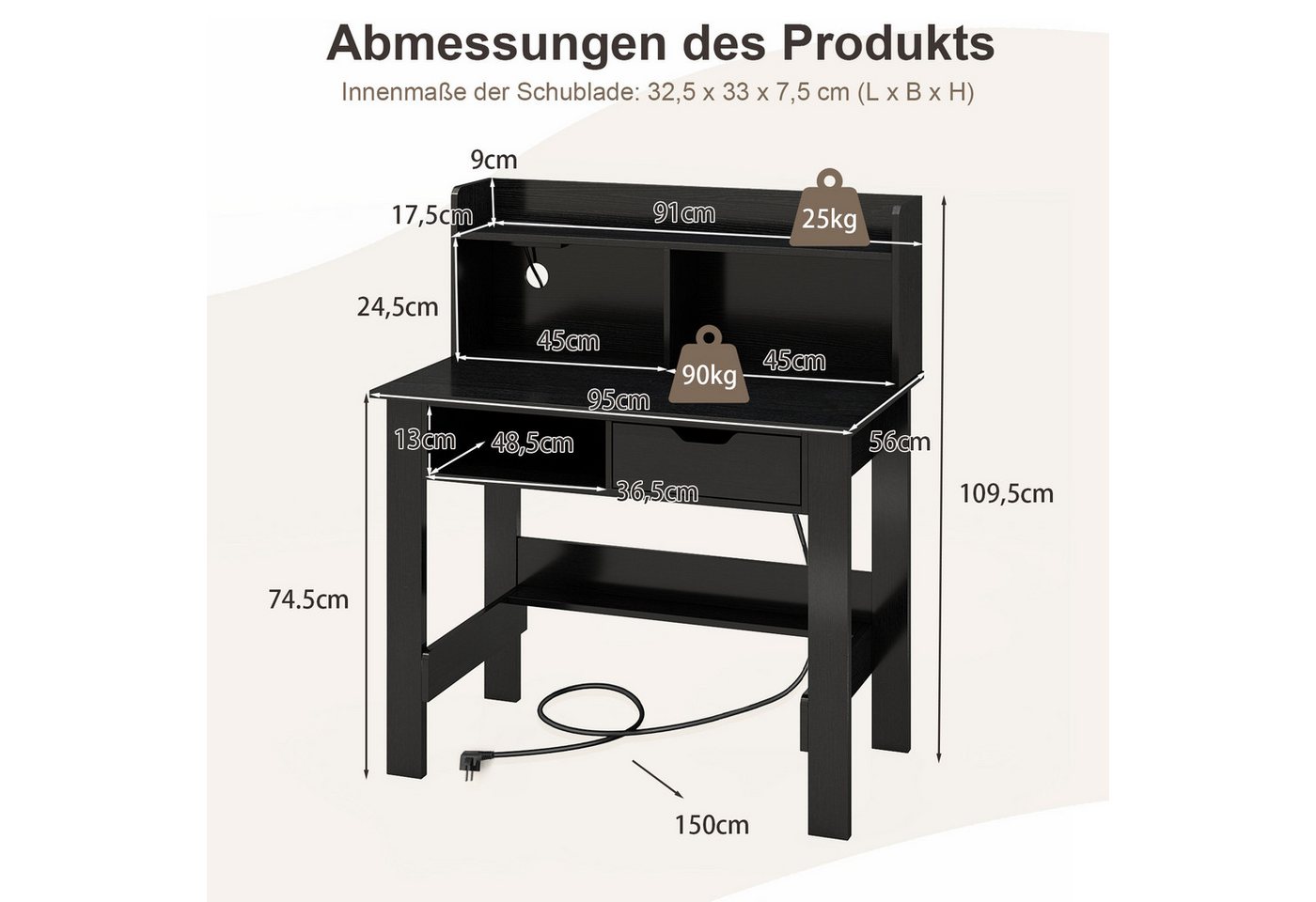 COSTWAY Schreibtisch, mit Steckdosen, Aufsatz, offenem Fach & Schublade – Bild 3 von 5