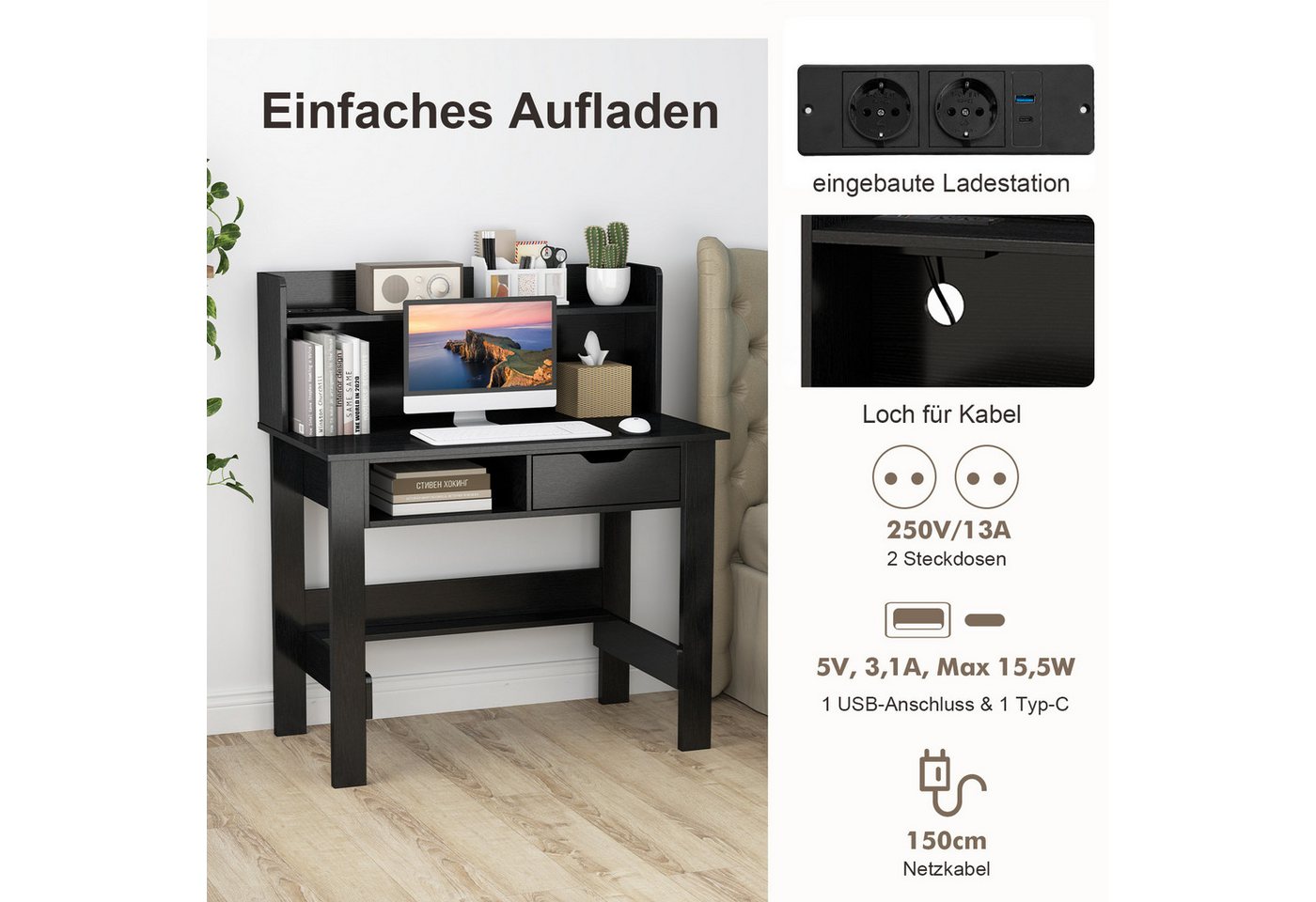 COSTWAY Schreibtisch, mit Steckdosen, Aufsatz, offenem Fach & Schublade – Bild 4 von 5