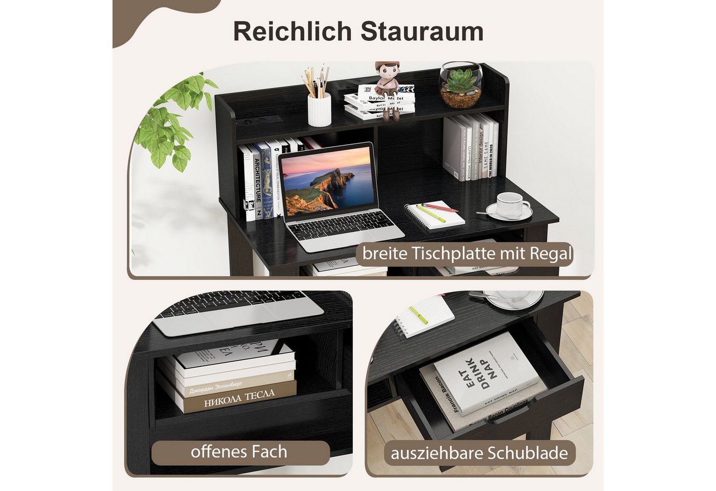 COSTWAY Schreibtisch, mit Steckdosen, Aufsatz, offenem Fach & Schublade – Bild 5 von 5