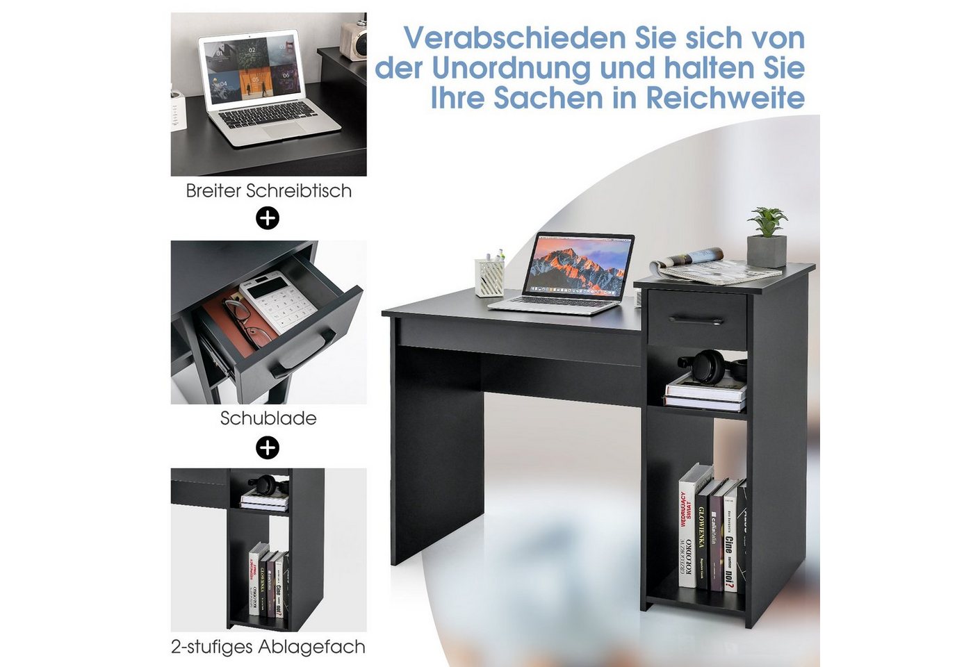 COSTWAY Schreibtisch, mit Schublade & offenen Regalen, 104x50x82cm – Bild 3 von 5