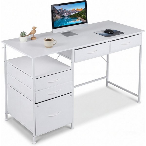COSTWAY Schreibtisch, mit 5 Schubladen, Regal 120x50cm Computertisch weiß