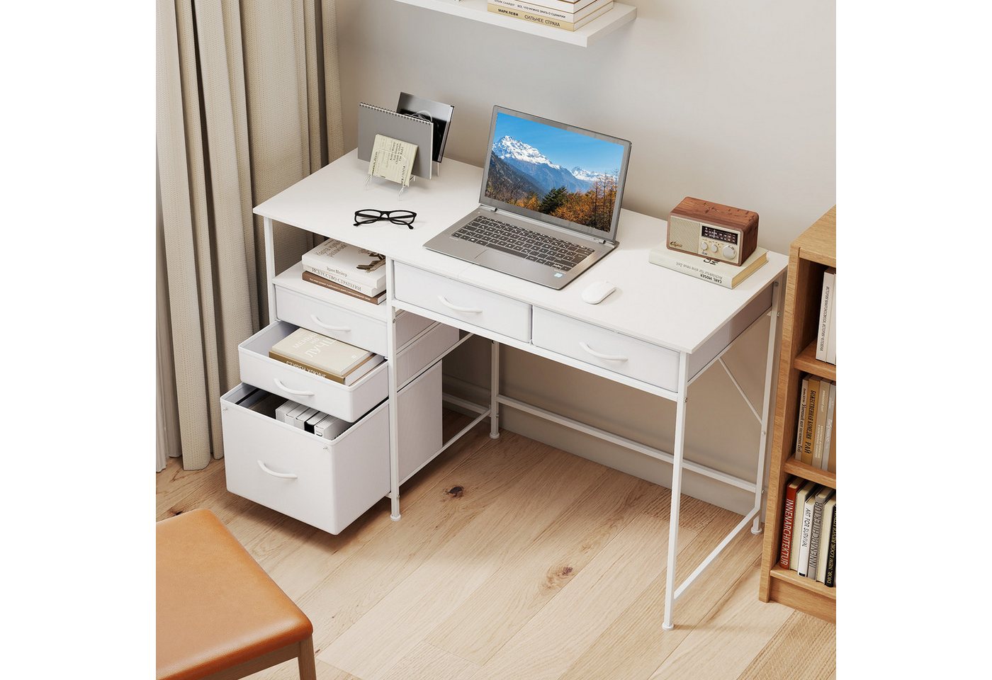 COSTWAY Schreibtisch, mit 5 Schubladen, Regal 120x50cm Computertisch weiß – Bild 2 von 5