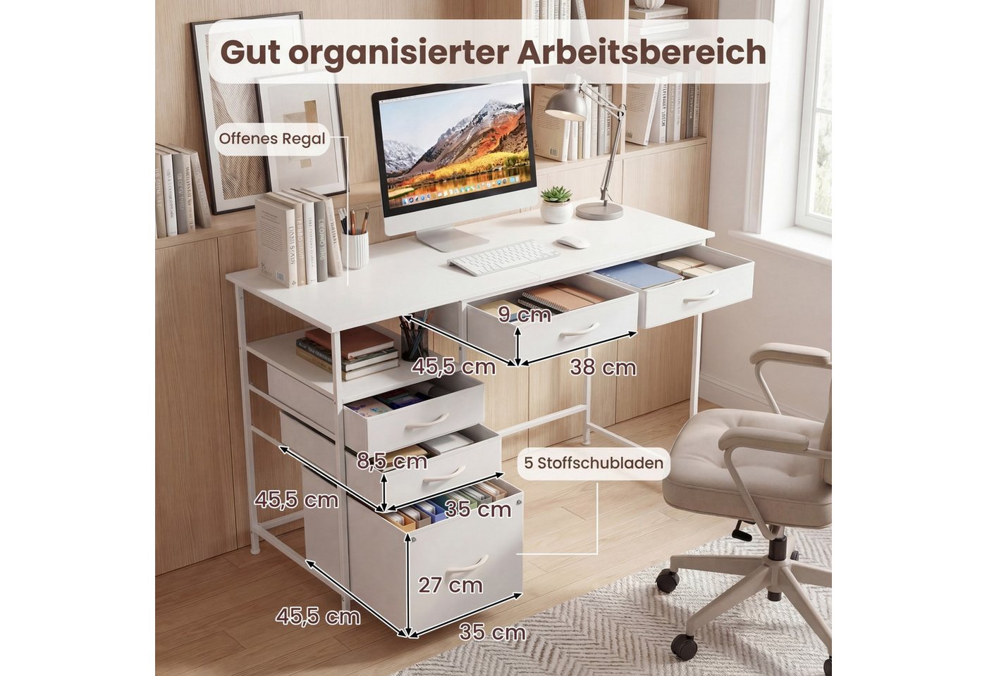 COSTWAY Schreibtisch, mit 5 Schubladen, Regal 120x50cm Computertisch weiß – Bild 3 von 5