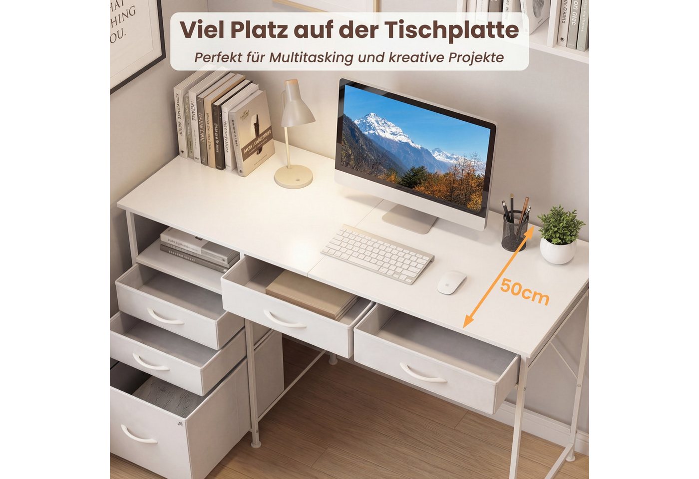 COSTWAY Schreibtisch, mit 5 Schubladen, Regal 120x50cm Computertisch weiß – Bild 4 von 5