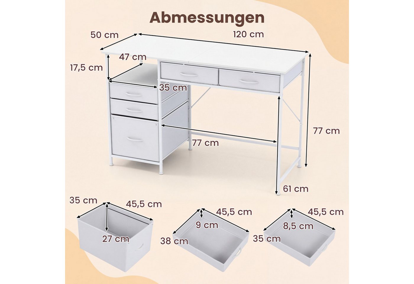 COSTWAY Schreibtisch, mit 5 Schubladen, Regal 120x50cm Computertisch weiß – Bild 5 von 5