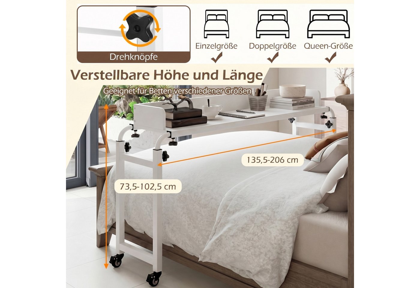 COSTWAY Schreibtisch, Überbetttisch mit Rollen, verstellbarer Höhe & Länge – Bild 3 von 5