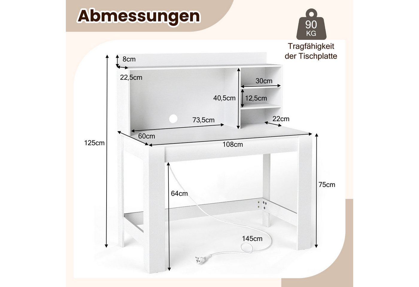 COSTWAY Schreibtisch, Mit Aufsatzschrank, Steckdosen & Kabeldurchführung – Bild 3 von 5