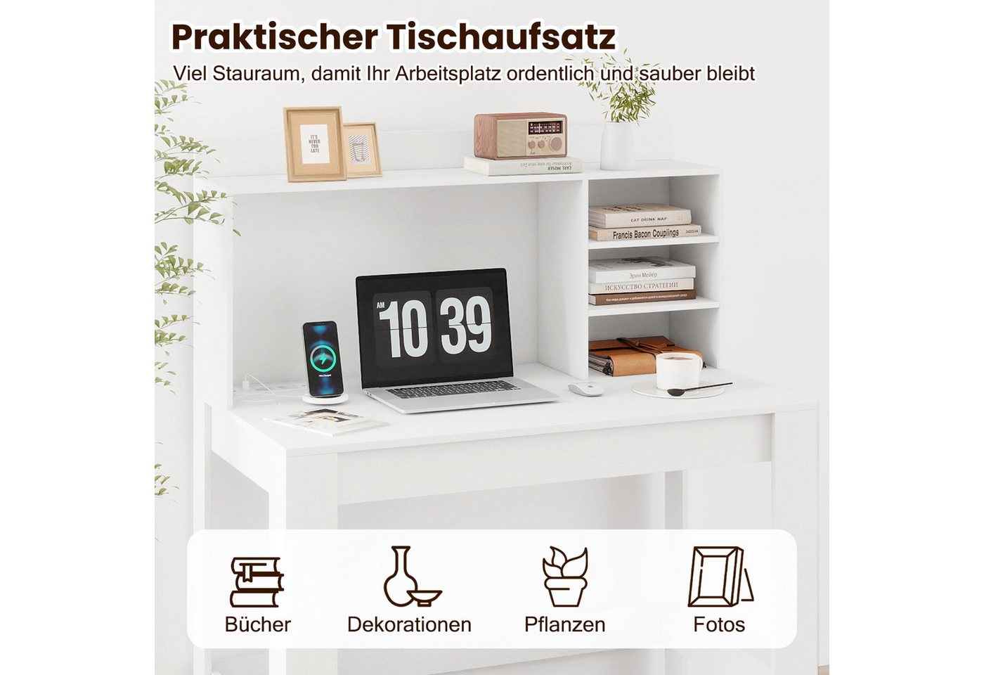COSTWAY Schreibtisch, Mit Aufsatzschrank, Steckdosen & Kabeldurchführung – Bild 4 von 5