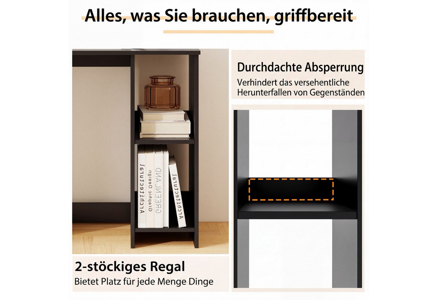 COSTWAY Schreibtisch, mit 2 Fächern, für kleine Räume, bis 130kg, 80x40x74cm – Bild 3 von 5