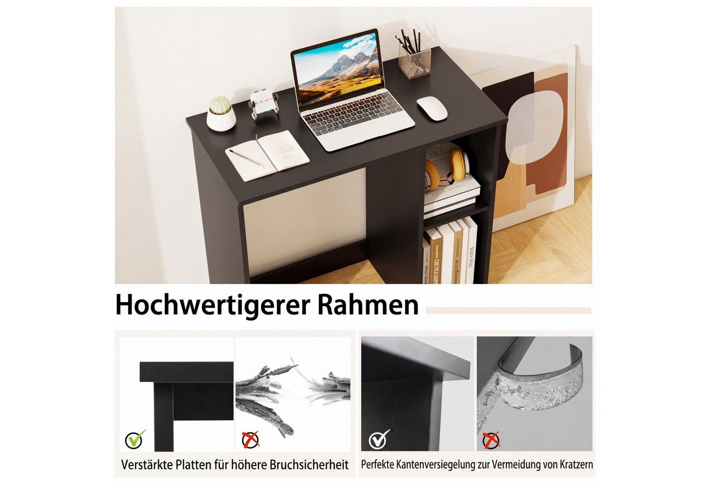 COSTWAY Schreibtisch, mit 2 Fächern, für kleine Räume, bis 130kg, 80x40x74cm – Bild 4 von 5
