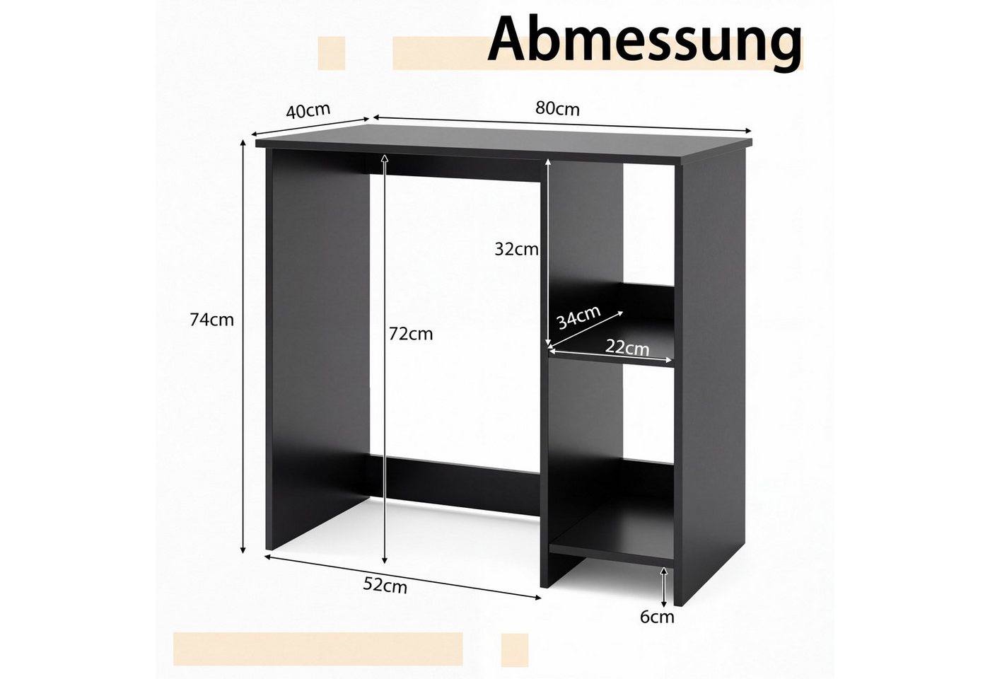 COSTWAY Schreibtisch, mit 2 Fächern, für kleine Räume, bis 130kg, 80x40x74cm – Bild 5 von 5