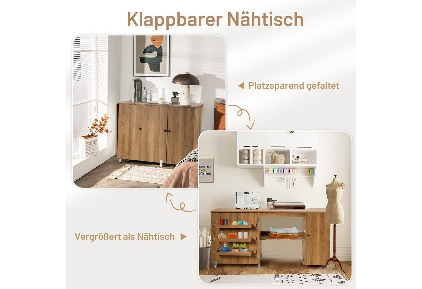 COSTWAY Schreibtisch Klappbar, mit Rollen, Ablagefächern & Tür 2 in 1 Nähtisch – Bild 4 von 5