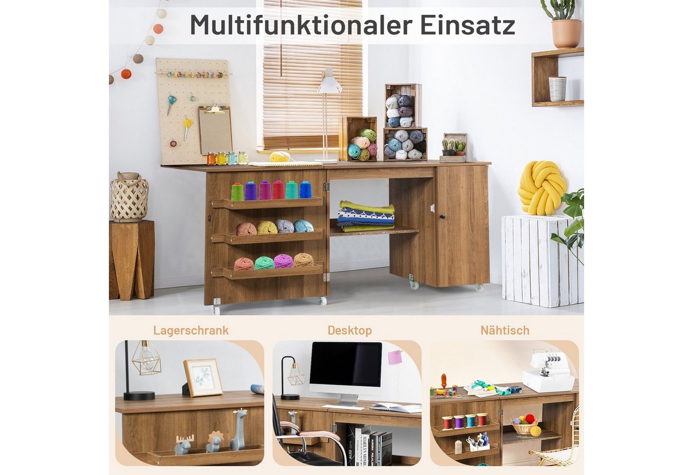 COSTWAY Schreibtisch Klappbar, mit Rollen, Ablagefächern & Tür 2 in 1 Nähtisch – Bild 5 von 5