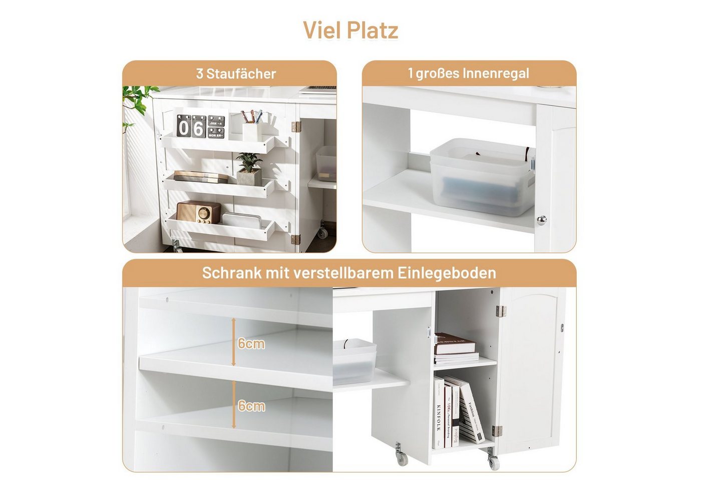 COSTWAY Schreibtisch Klappbar, mit Rollen, Ablagefächern & Tür 2 in 1 Nähtisch – Bild 5 von 5
