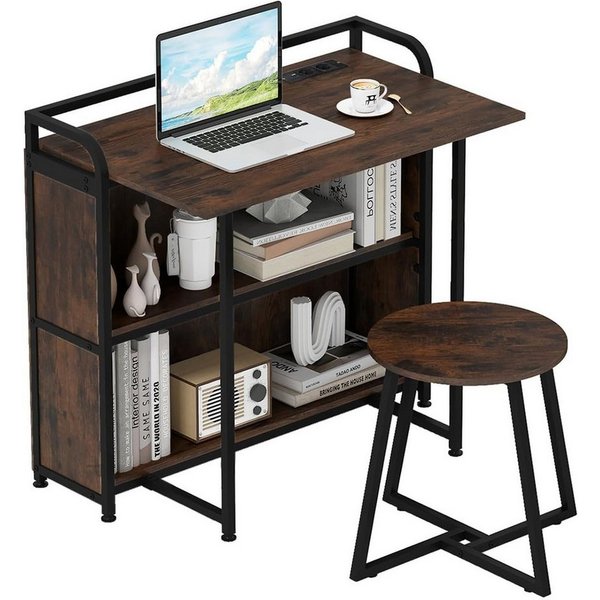 COSTWAY Schreibtisch (mit Hocker), mit Steckdose, Klapptisch Beistelltisch Metall