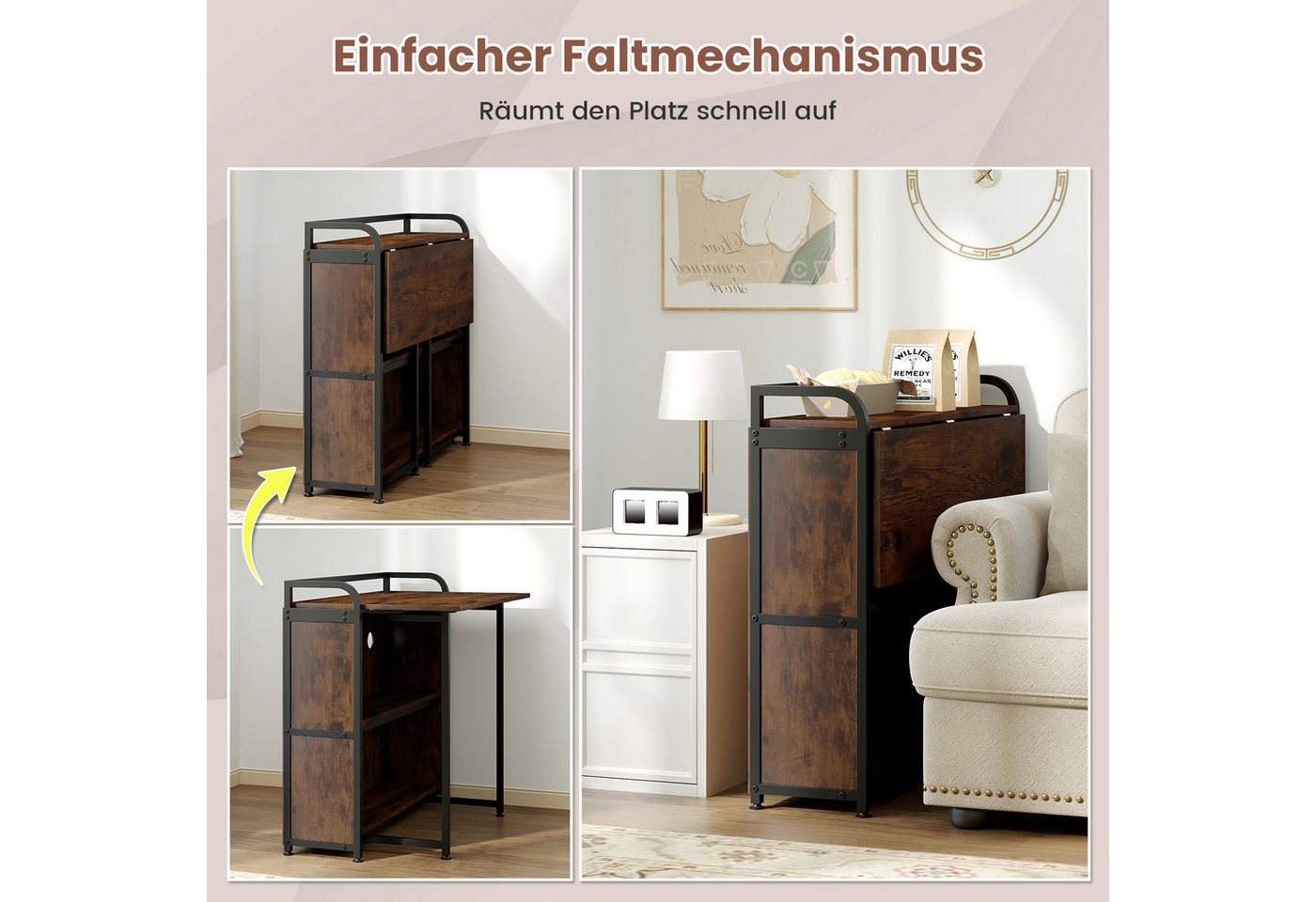 COSTWAY Schreibtisch (mit Hocker), mit Steckdose, Klapptisch Beistelltisch Metall – Bild 2 von 5