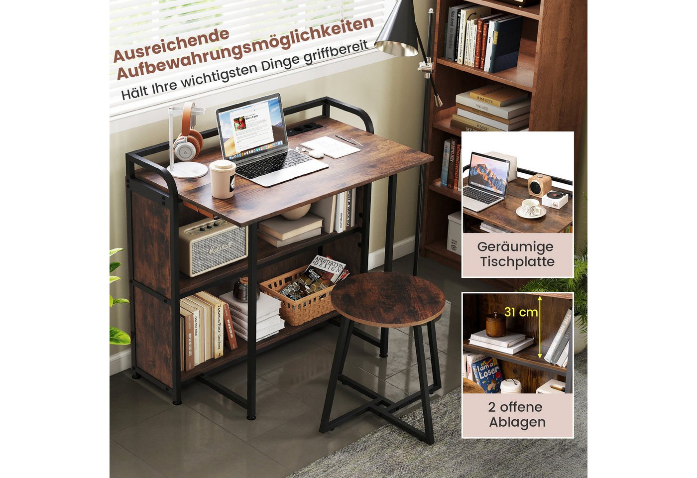 COSTWAY Schreibtisch (mit Hocker), mit Steckdose, Klapptisch Beistelltisch Metall – Bild 4 von 5
