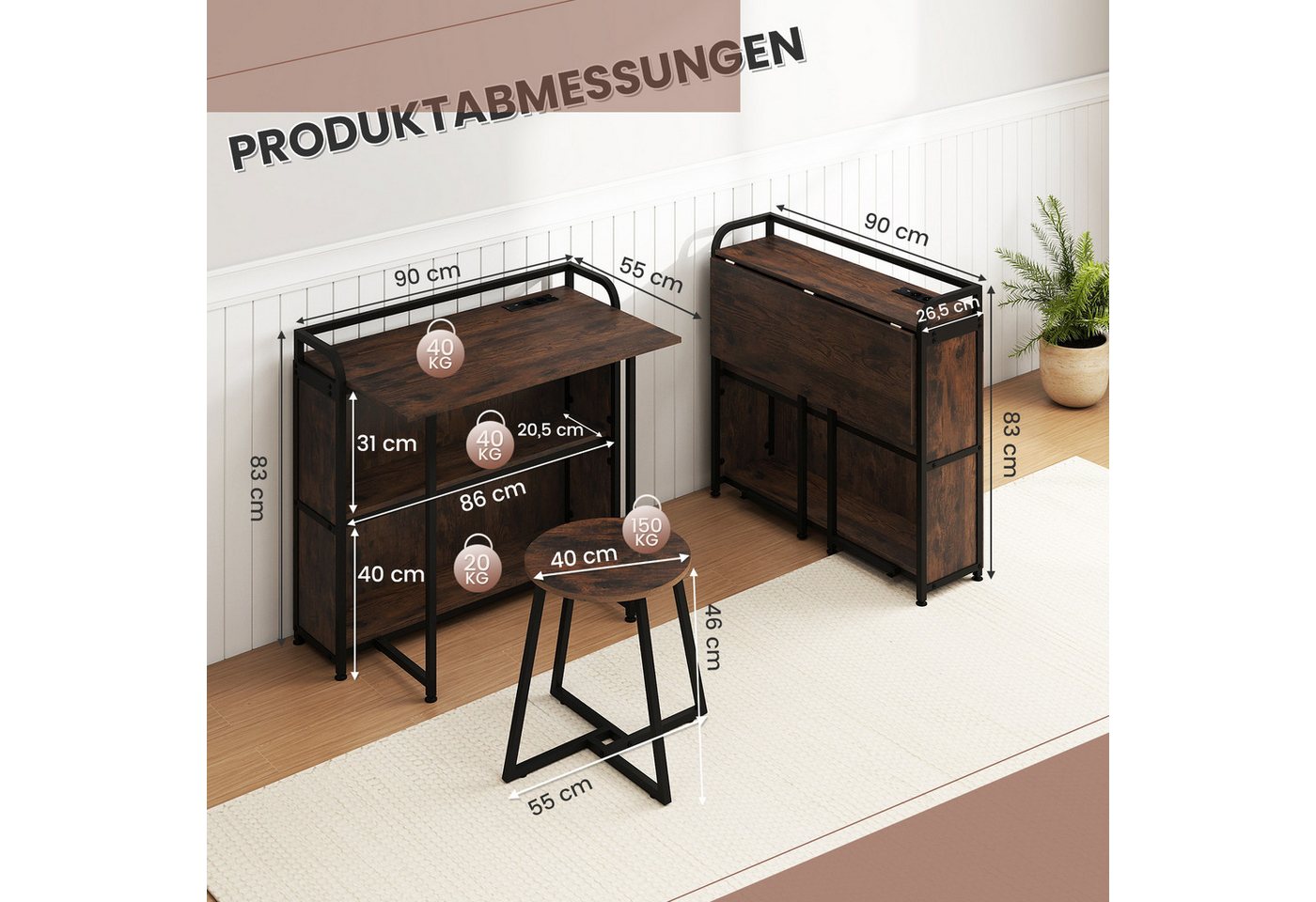 COSTWAY Schreibtisch (mit Hocker), mit Steckdose, Klapptisch Beistelltisch Metall – Bild 5 von 5