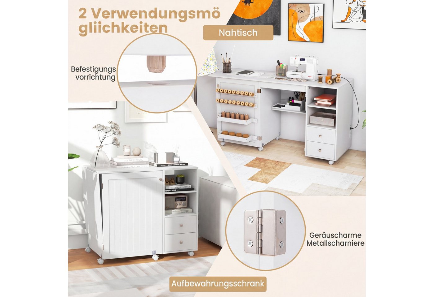 COSTWAY Schreibtisch Nähtisch mit Ladestation, auf Rollen, Klapptisch mit Stauraum – Bild 2 von 5