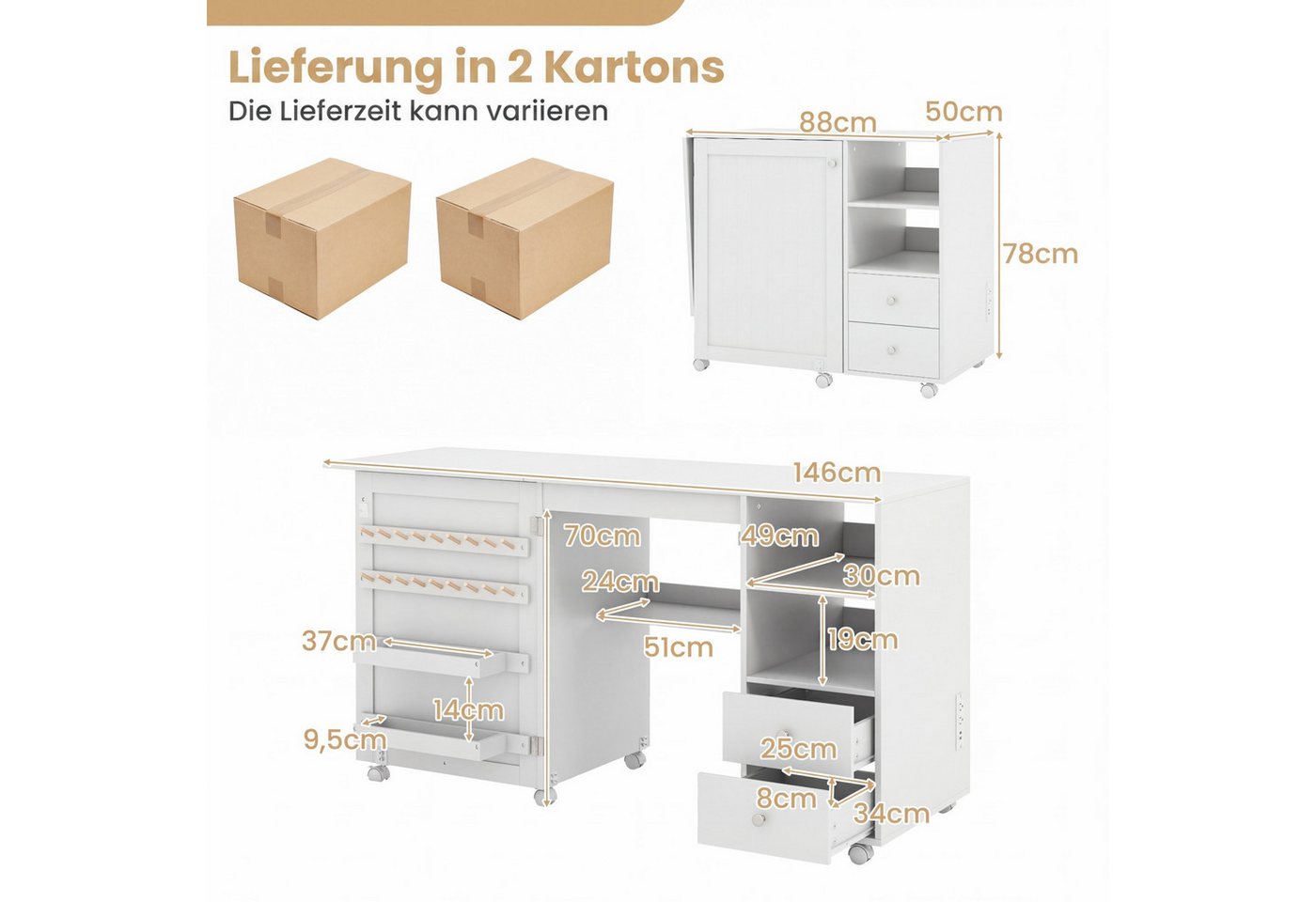 COSTWAY Schreibtisch Nähtisch mit Ladestation, auf Rollen, Klapptisch mit Stauraum – Bild 5 von 5