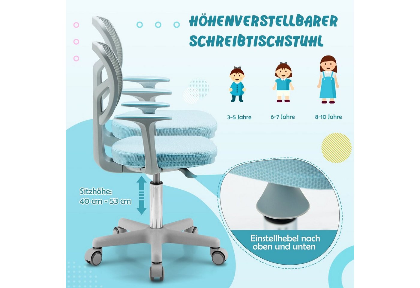 COSTWAY Schreibtischstuhl Kinder, Drehstuhl höhenverstellbar, von 3-10 Jahre – Bild 4 von 5