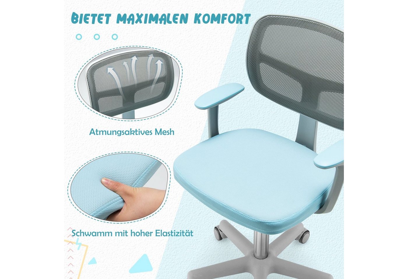 COSTWAY Schreibtischstuhl Kinder, Drehstuhl höhenverstellbar, von 3-10 Jahre – Bild 5 von 5