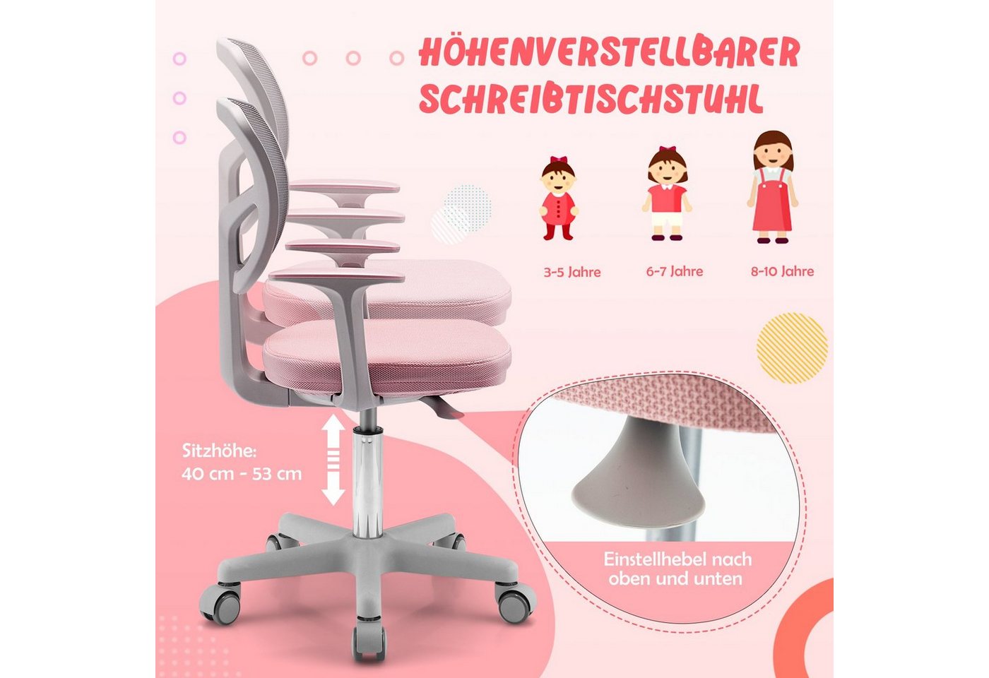 COSTWAY Schreibtischstuhl Kinder, Drehstuhl höhenverstellbar, von 3-10 Jahre – Bild 4 von 5